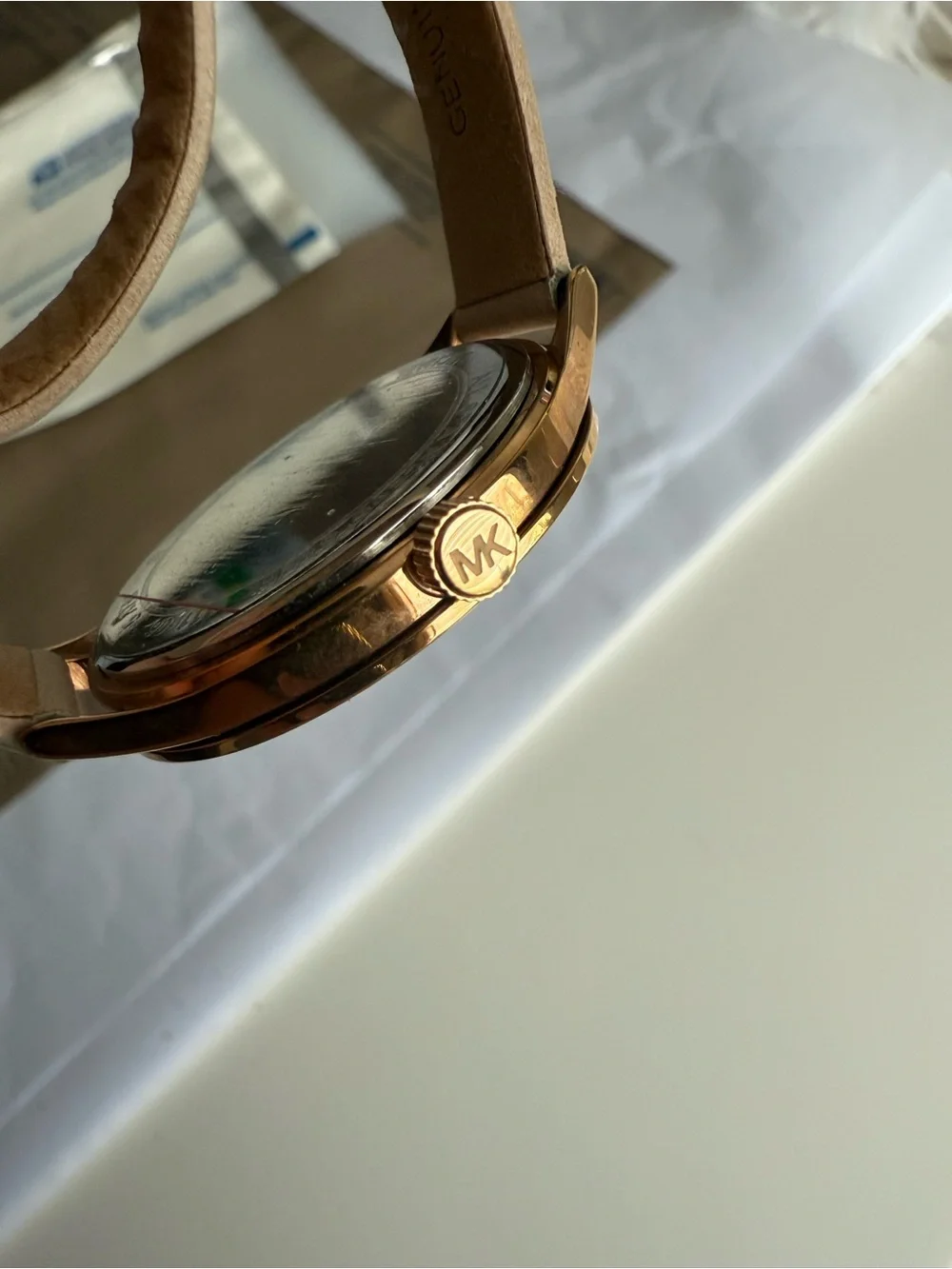 Michael Kors Rose Gold Watch with Beige Double-Wrap Leather Strap